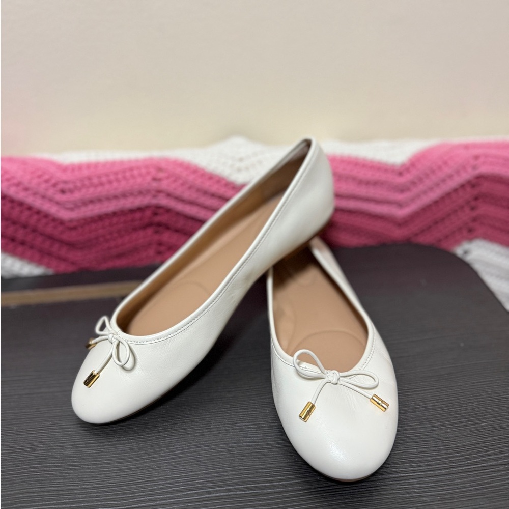 Ralph Lauren Jayna Soft White Napa Leather Bow Ballet Flats, US7.5